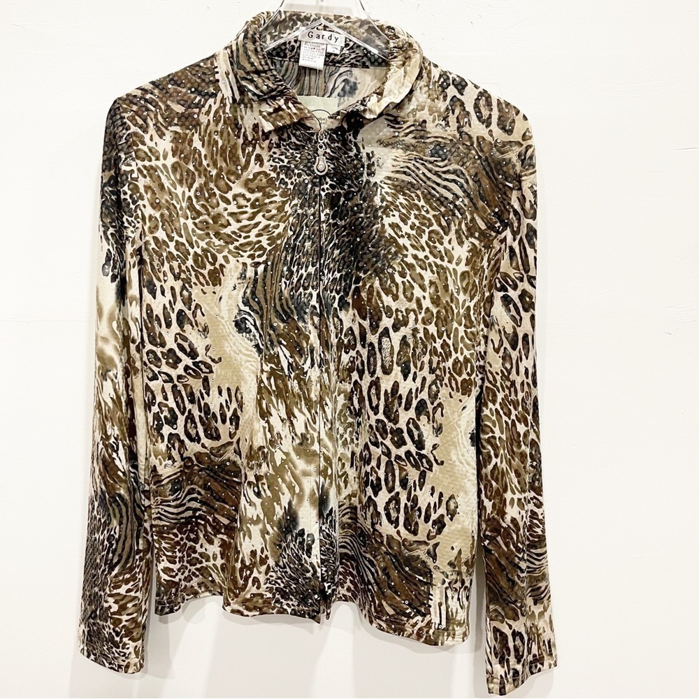 Vintage Gardy Animal Print Beaded Jacket Lightweight Medium Full Zip